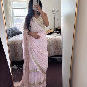 Baby Pink Ruffle Pre-Pleated Sari